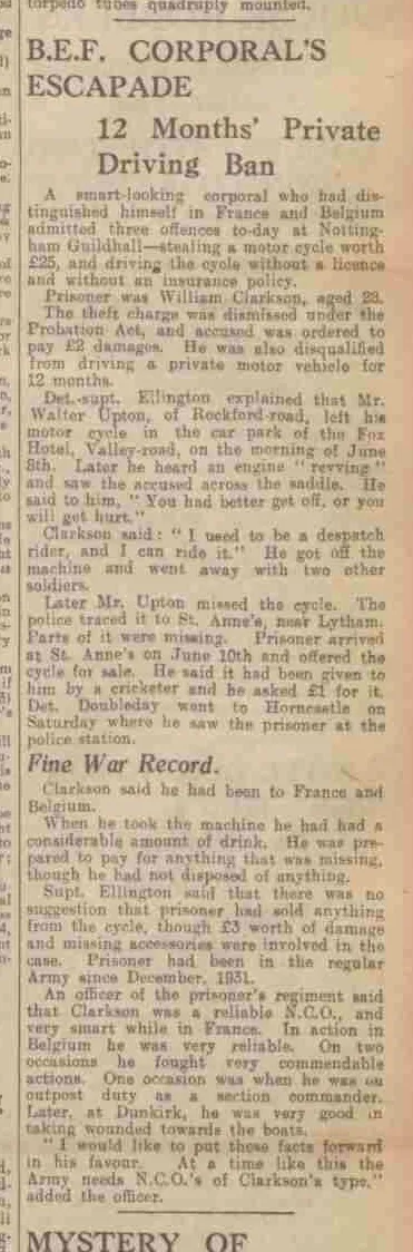 Nottingham Evening Post, 22 July 1940. Original newspaper cutting: BEF Corporal's Escapade, 12 Months Private Driving Ban. Walter Upton of Rockford Road is named as the victim.