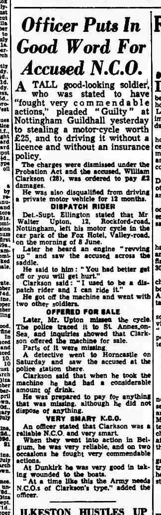 Nottingham Journal, 23 July 1940. Original newspaper cutting: Officer Puts In Good Word For Accused N.C.O. Walter Upton is named as the owner of the stolen motorcycle.