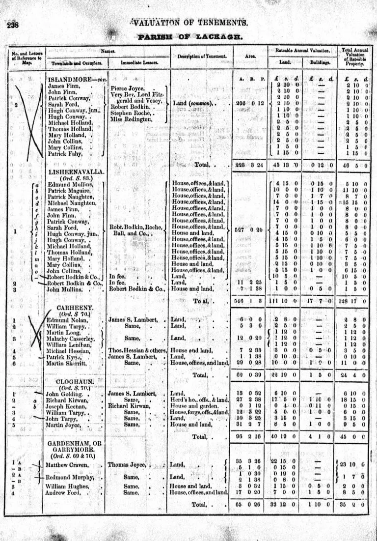 Ireland Griffith's Valuation record, 1847 to 1864, Parish of Lackagh. A key Irish genealogy source used in Meet Your Past investigations.