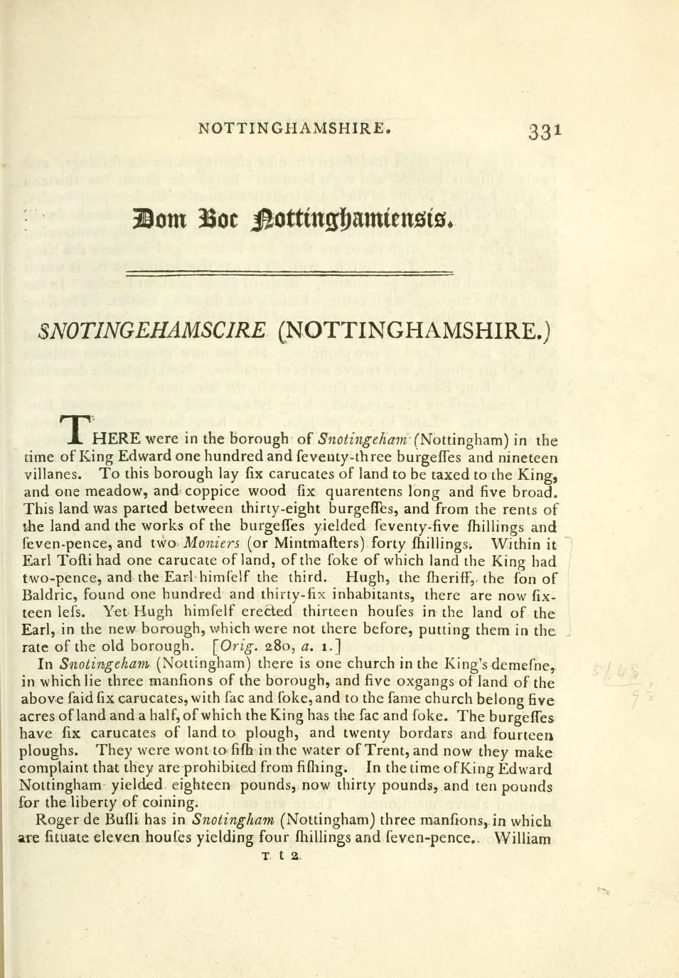 Printed transcription of the Domesday Book entry for Snotingehamscire (Nottinghamshire), recording the borough of Snotingham and its burgesses at the time of King Edward