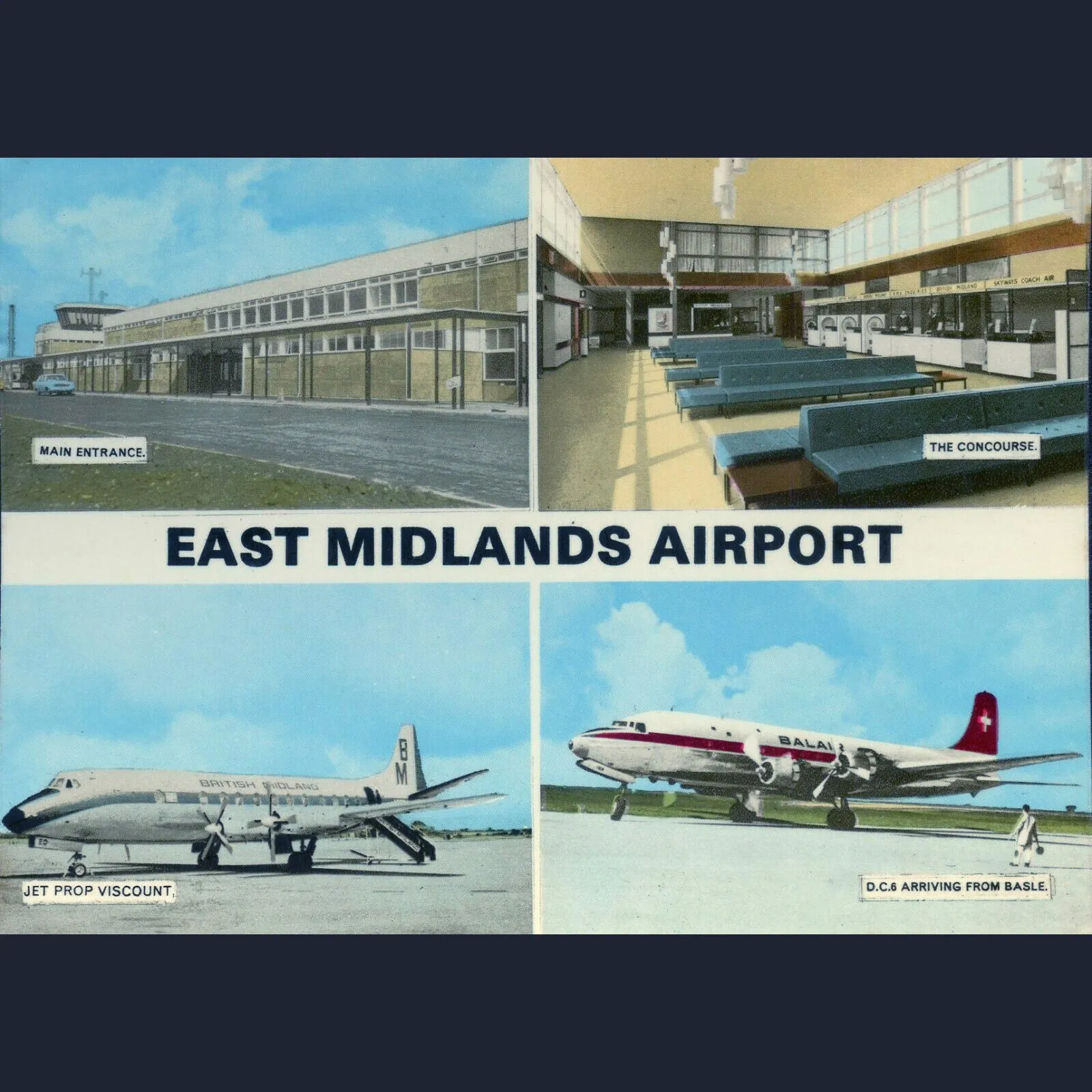 East Midlands Airport postcard from 1965, showing the main terminal building, concourse, and aircraft on the apron including a British Midland Viscount and a Balair DC-6