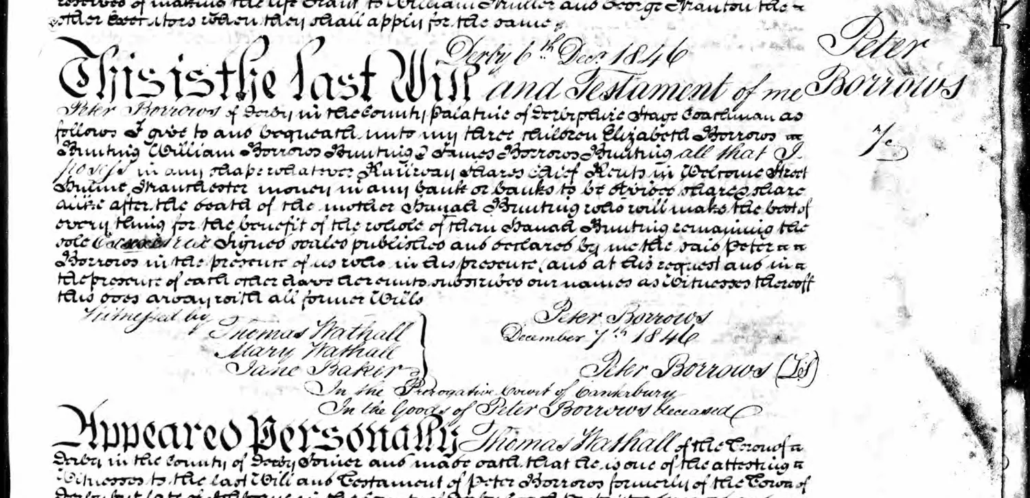 PROB 11 will register entry for Peter Borrows of Derby, probate granted 6 December 1846, from The National Archives