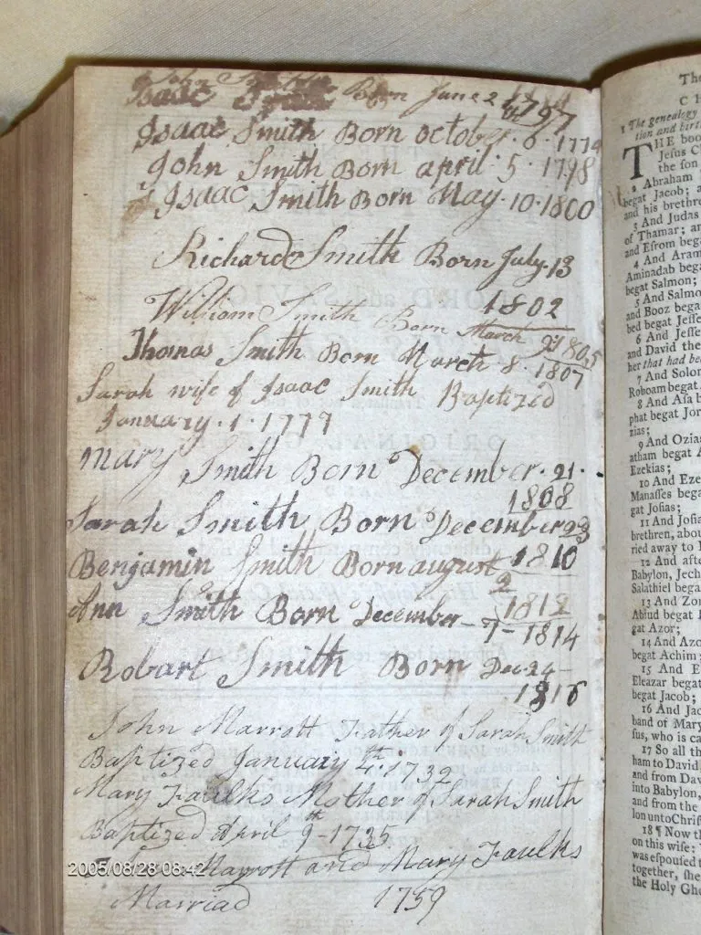 A handwritten page from a family Bible recording births, marriages and deaths across several generations