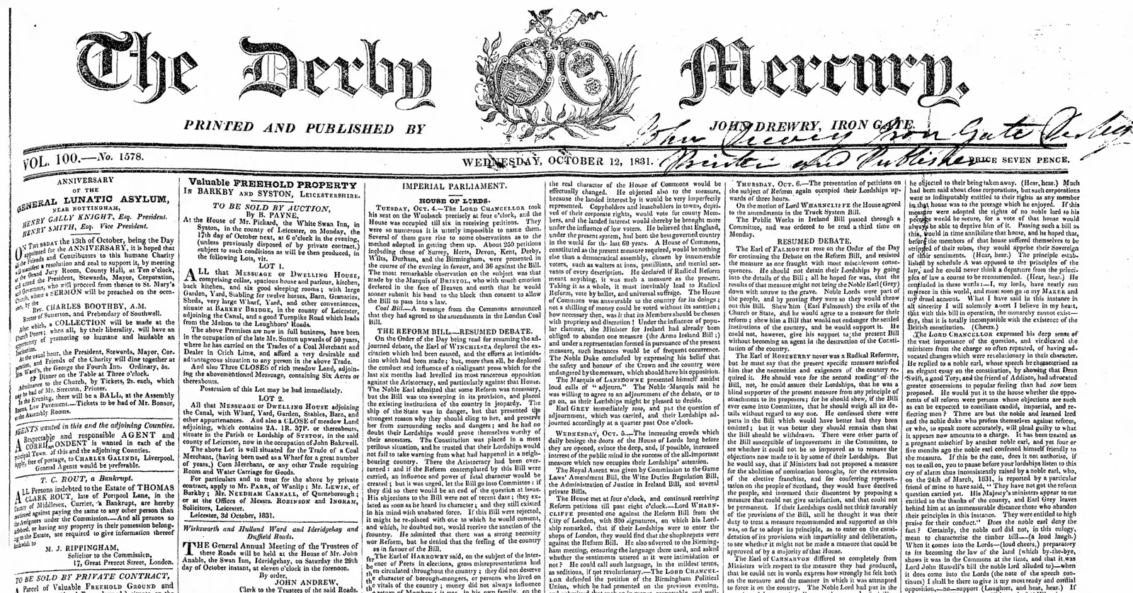 The Derby Mercury newspaper, 12 October 1831, Page 1