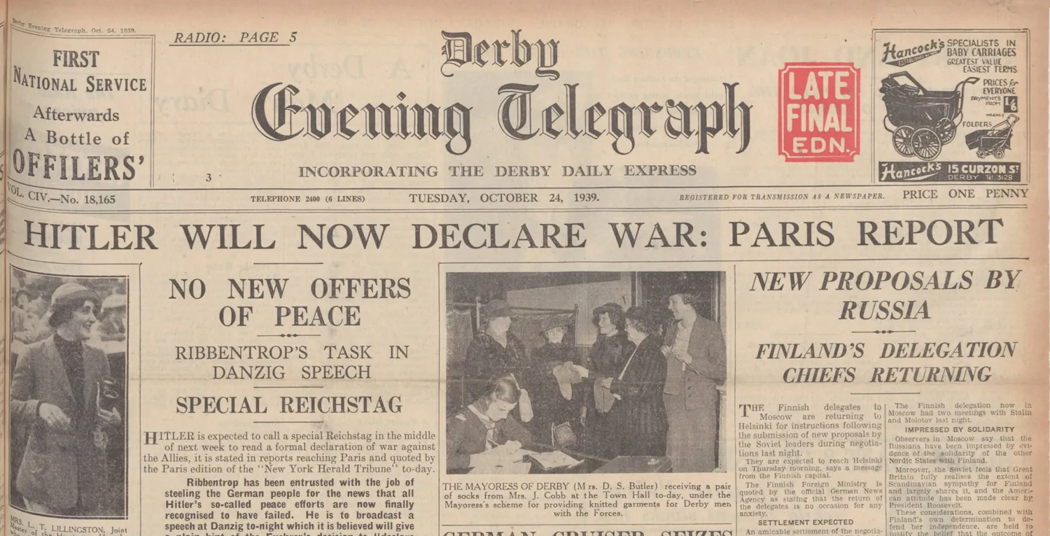 Derby Evening Telegraph front page, 24 October 1939