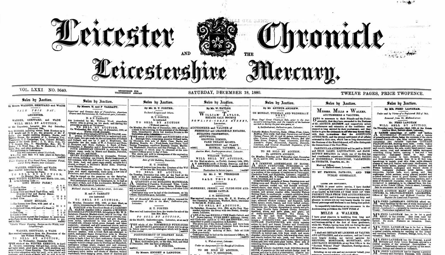 Front page of the Leicester Chronicle or Commercial and Leicestershire Mercury, Saturday 18 December 1880
