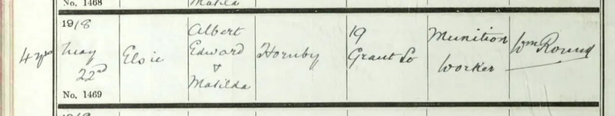Baptism record for Elsie, Radford, Nottingham, 1918, from the Nottinghamshire parish registers