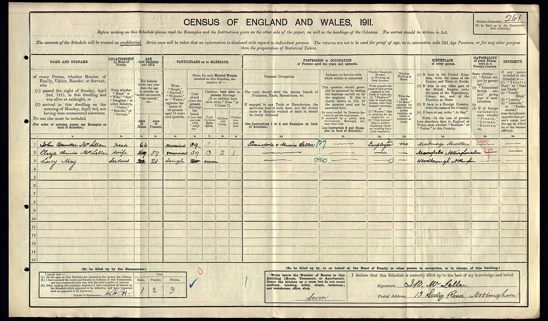 1911 census schedule for Seely Road, Nottingham, showing John Brunker McLellan, his wife Eliza Anne, and servant Lucy May