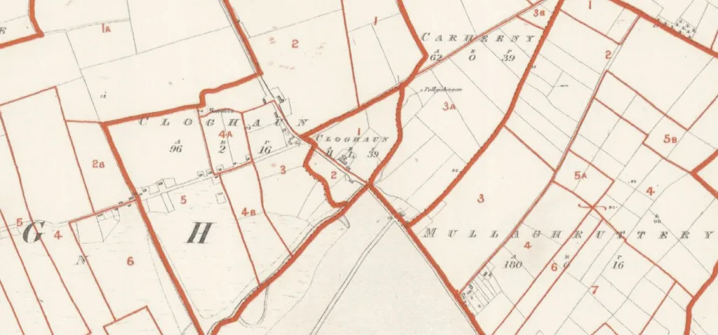 Griffith's Valuation map showing townland boundaries and plot numbers in rural Ireland