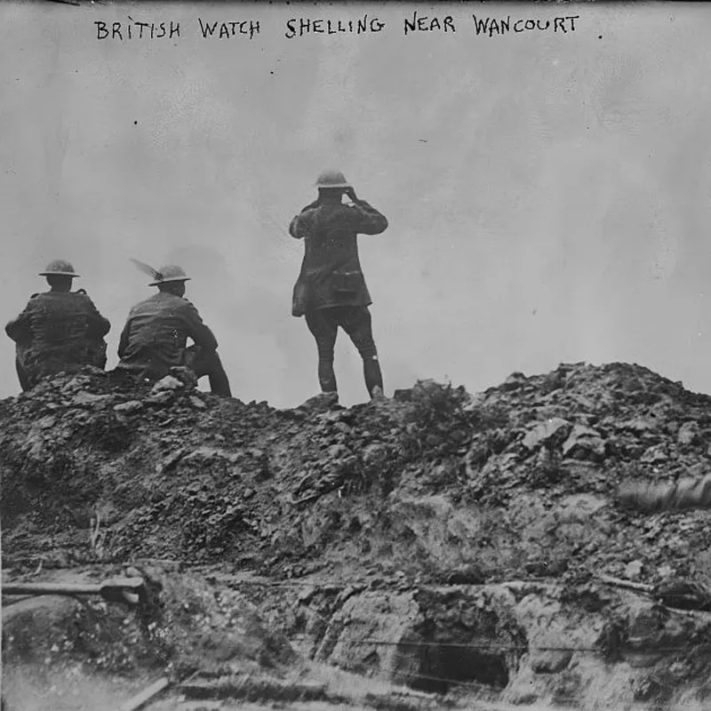 British troops watching shell-bursts near Wancourt, southeast of Arras, France, June 1917