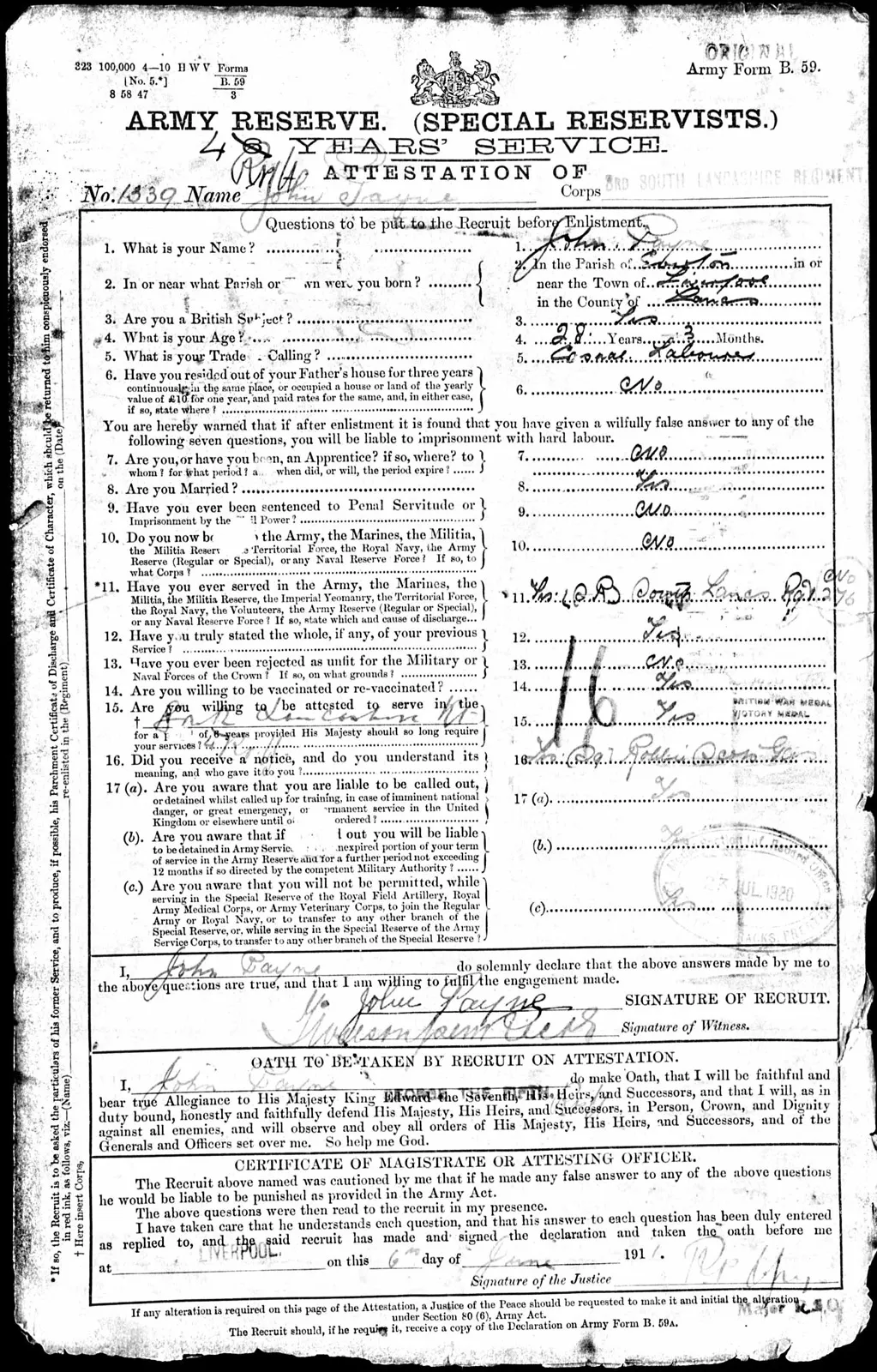 UK British Army WW1 service record for John Payne, Prince of Wales's Volunteers (South Lancashire) Regiment, showing attestation details including enlistment age, marriage, and regimental number