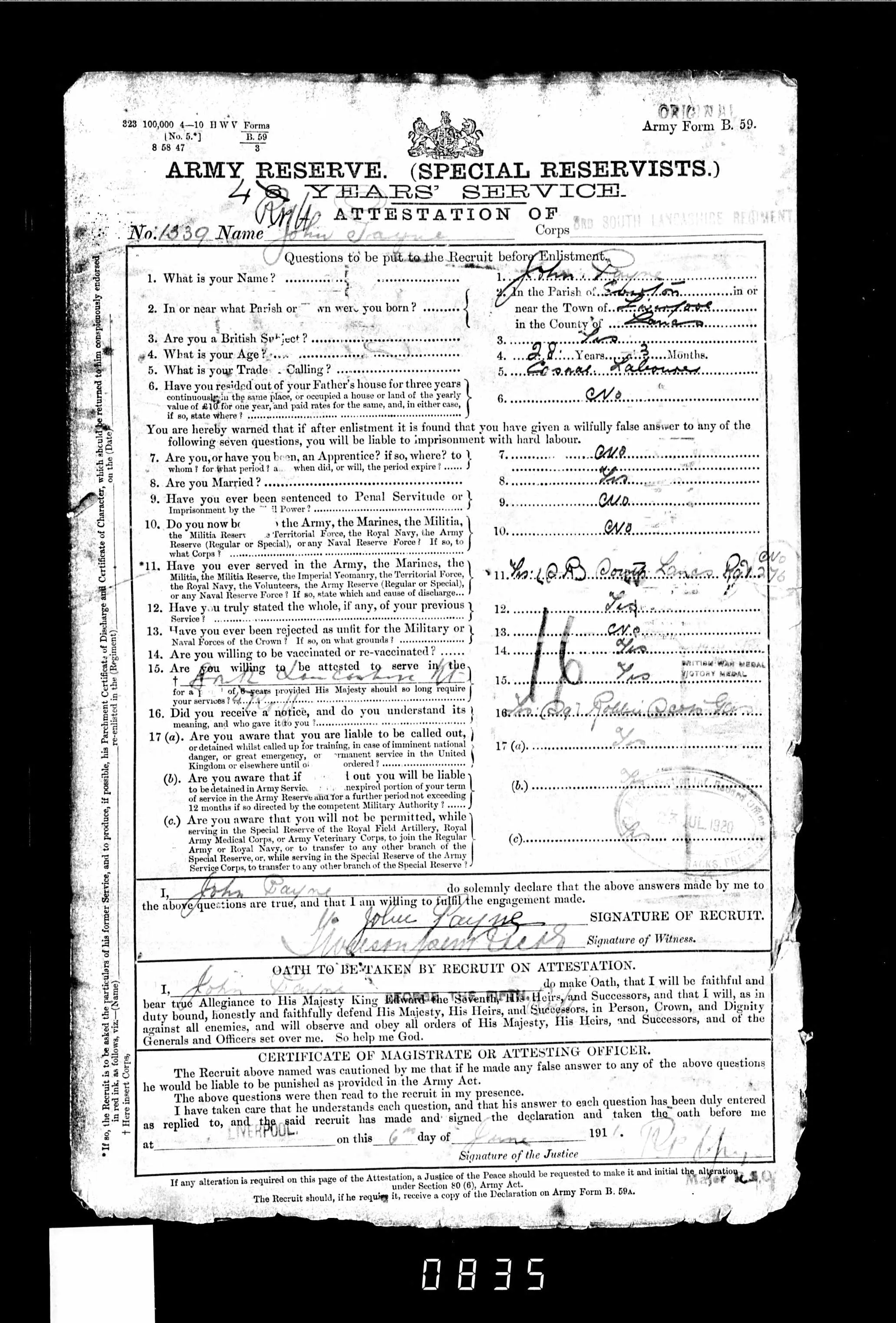 Original Army Reserve attestation form, Army Form B.59, showing enlistment questions and soldier's declaration, South Lancashire Regiment