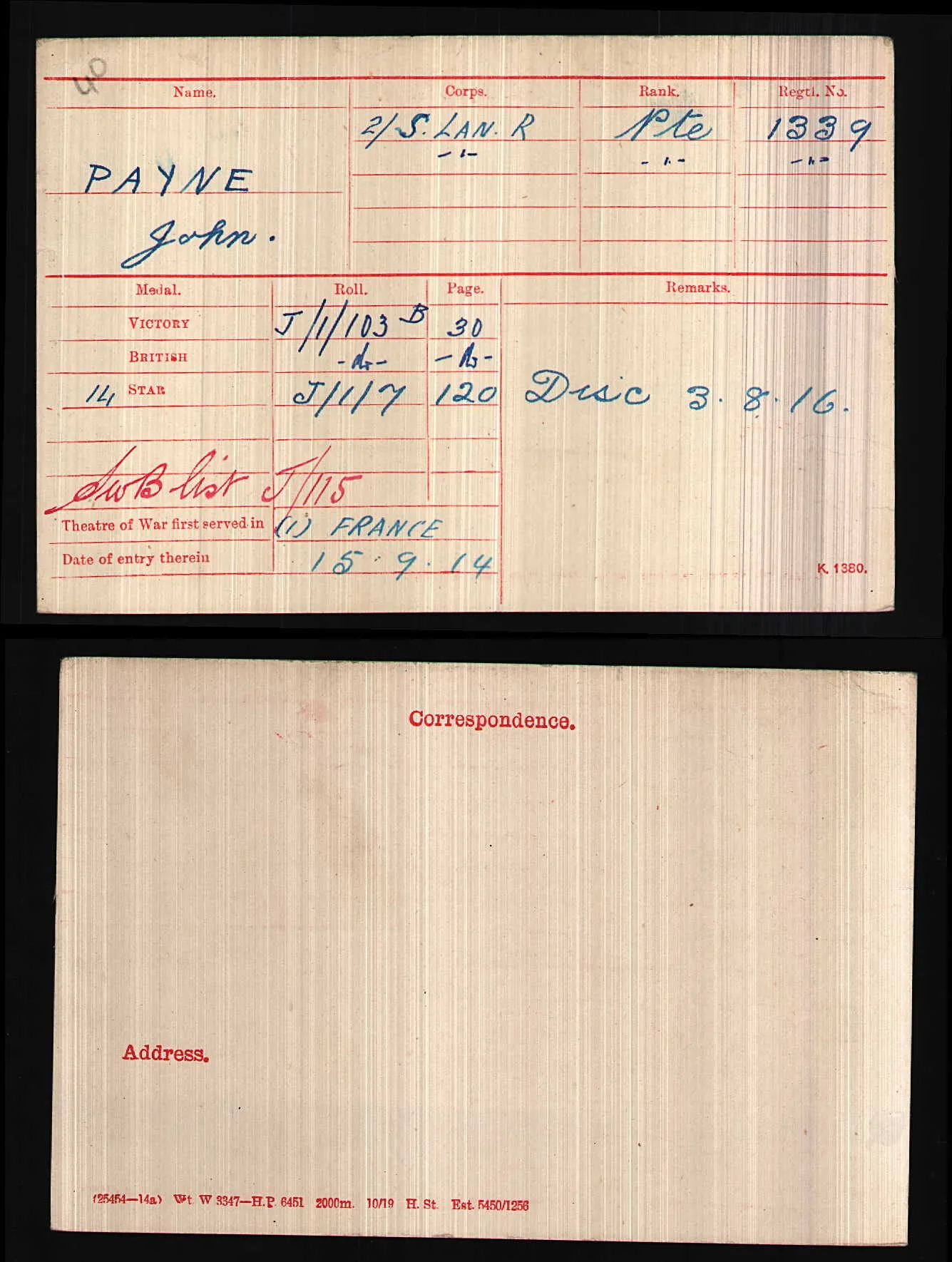 Original WW1 medal index card for John Payne, 2nd South Lancashire Regiment, showing Victory Medal, British Medal and 1914 Star awarded for service in France from September 1914