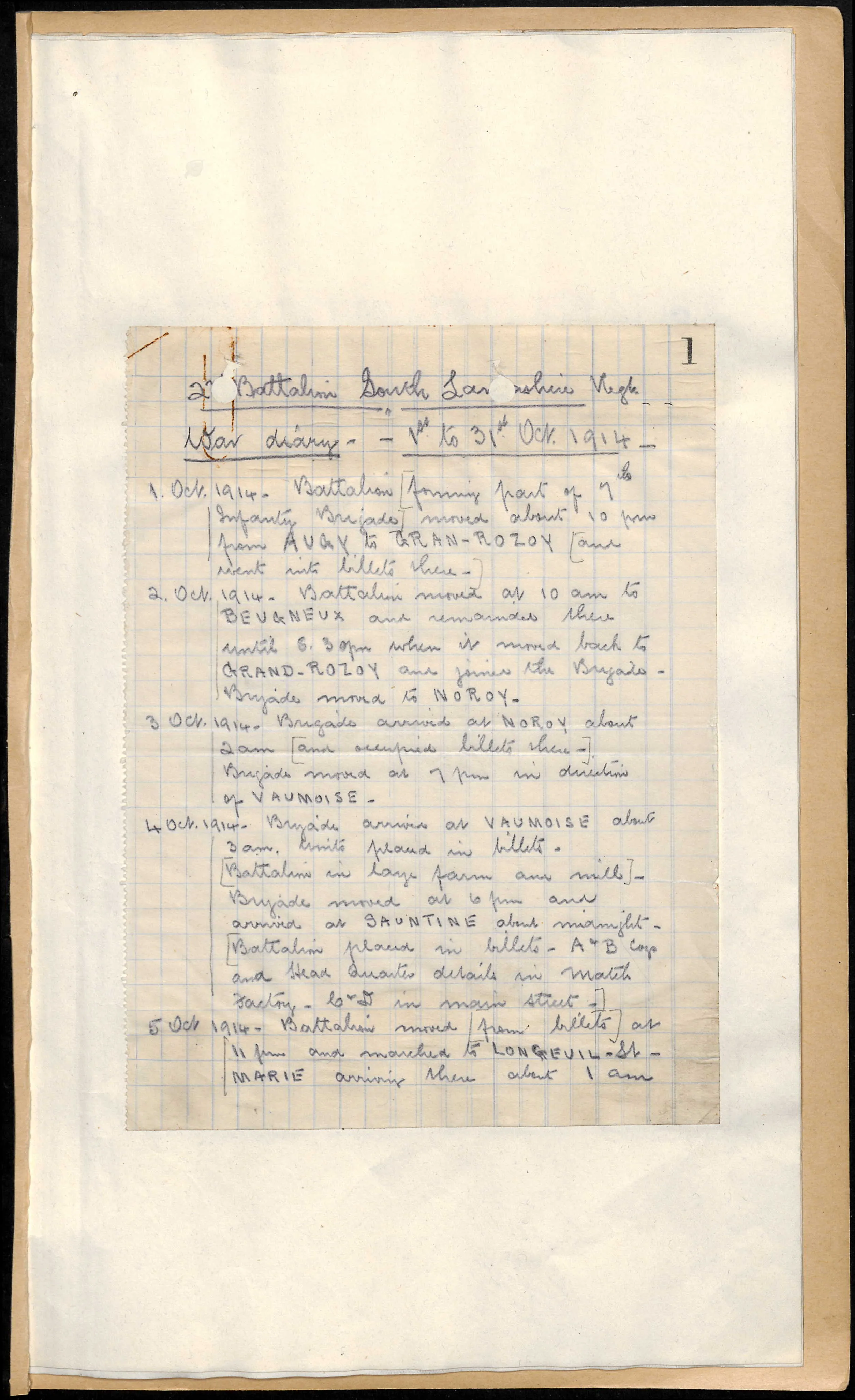 Handwritten unit war diary, 2nd Battalion South Lancashire Regiment, October 1914, recording daily movements from Augy to Grand-Rozoy, Beugneux, Noroy and Vaumoise