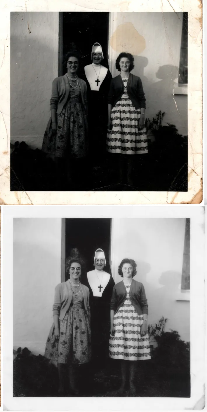 Before and after photo restoration of Irish photograph, Mary Ellen Skerritt, circa 1900