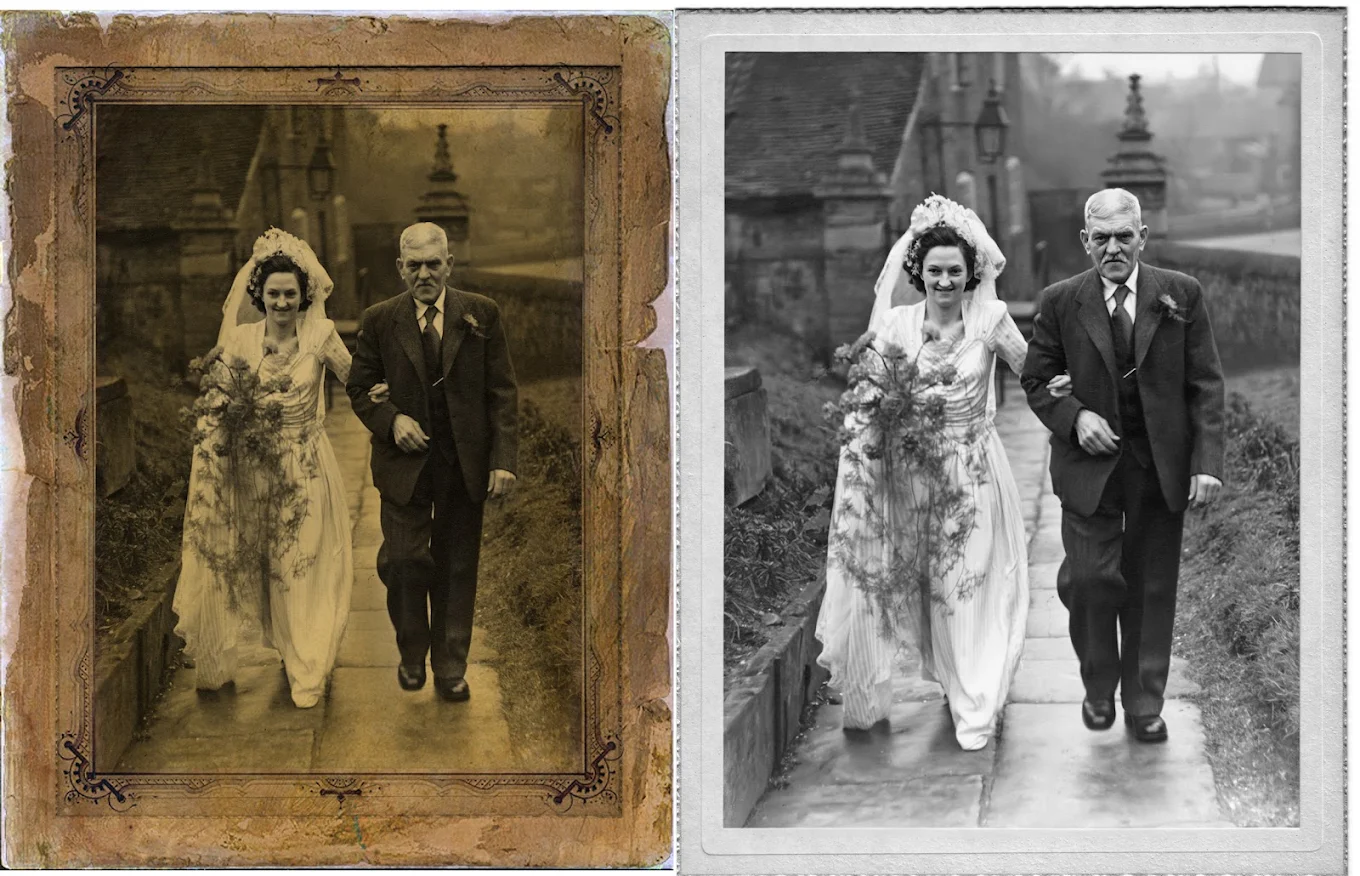 Before and after photo restoration of 1949 wedding photograph, bride and father walking from church