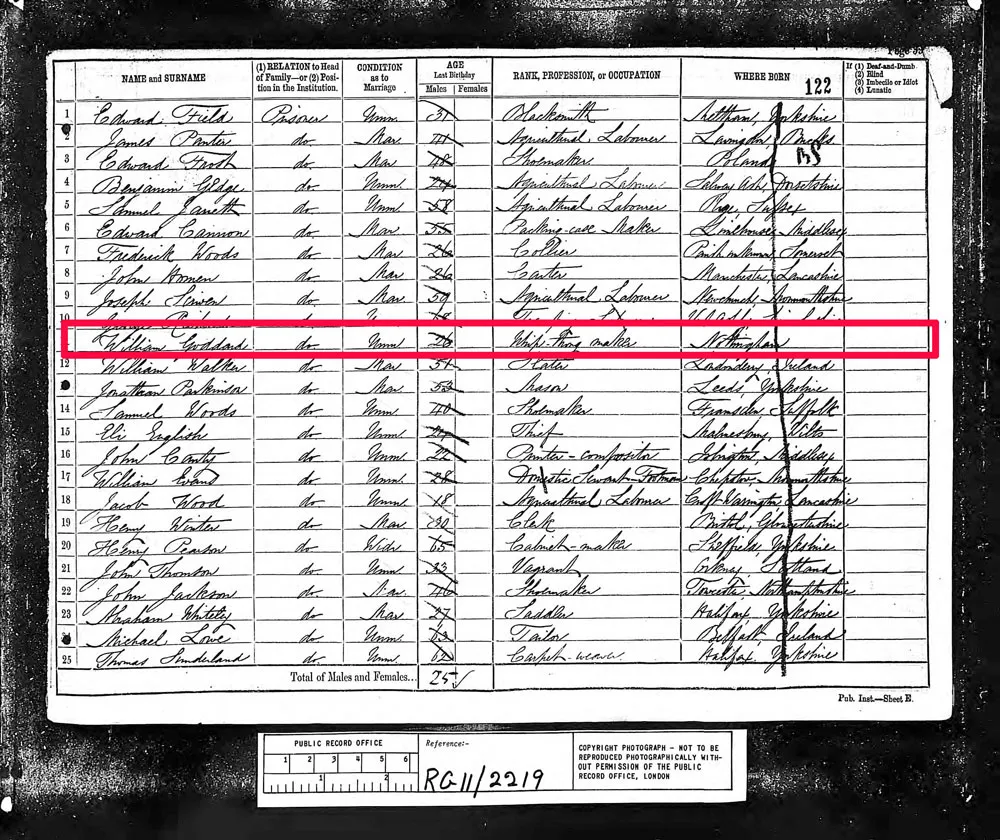 1881 Census entry for Dartmoor Prison, showing William Goddard listed as prisoner, aged 26, whip thong maker, born Nottingham.