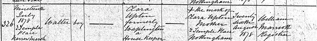 Walter Upton birth certificate 1878, showing the father's name struck through, leaving the field blank.