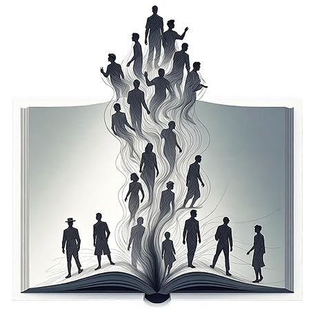 Meet Your Past logo: an open book from whose centre delicate silhouettes of ancestors from different eras gently rise like steam, symbolising family history coming to life. Plain white background.