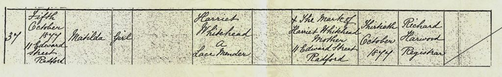 1877 Radford birth record showing no father listed in the register