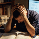 Person looking at a large stack of unorganised paperwork, appearing overwhelmed — representing how beginners often feel when starting family history research